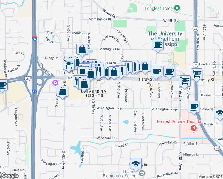 map of restaurants, bars, coffee shops, grocery stores, and more near 3418 Hardy Street in Hattiesburg
