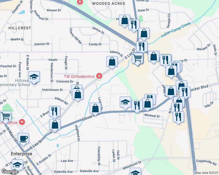 map of restaurants, bars, coffee shops, grocery stores, and more near 204 Colony Drive in Enterprise