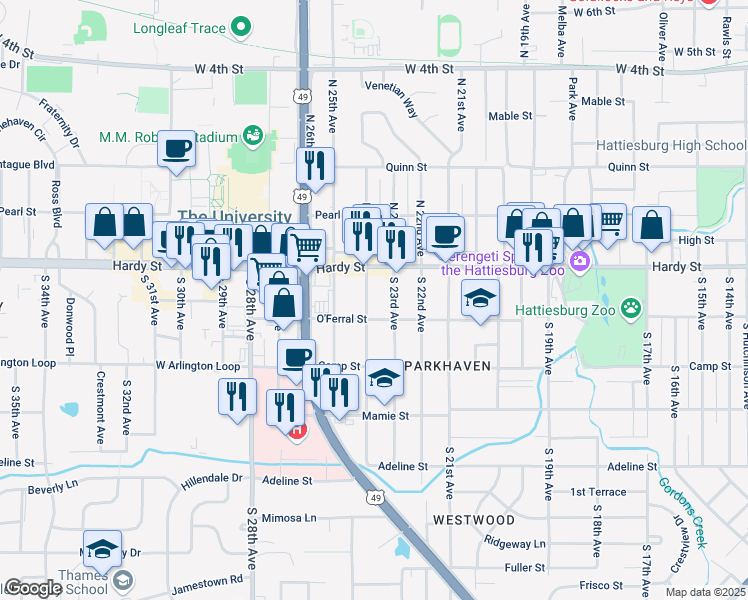 map of restaurants, bars, coffee shops, grocery stores, and more near 121 South 24th Avenue in Hattiesburg