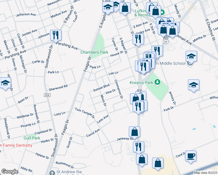 map of restaurants, bars, coffee shops, grocery stores, and more near 418 Vine Drive in Lufkin