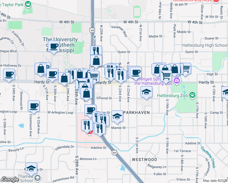 map of restaurants, bars, coffee shops, grocery stores, and more near 121 South 24th Avenue in Hattiesburg