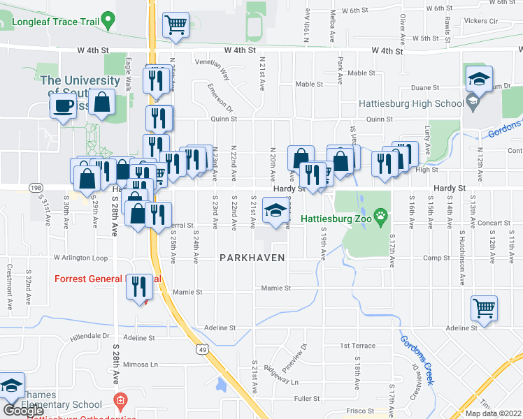 map of restaurants, bars, coffee shops, grocery stores, and more near 108 South 21st Avenue in Hattiesburg