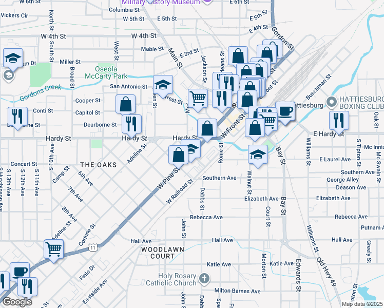 map of restaurants, bars, coffee shops, grocery stores, and more near 1st Avenue in Hattiesburg