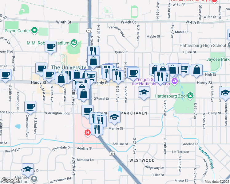 map of restaurants, bars, coffee shops, grocery stores, and more near 111 South 23rd Avenue in Hattiesburg