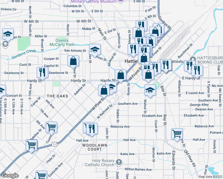 map of restaurants, bars, coffee shops, grocery stores, and more near 1st Avenue in Hattiesburg