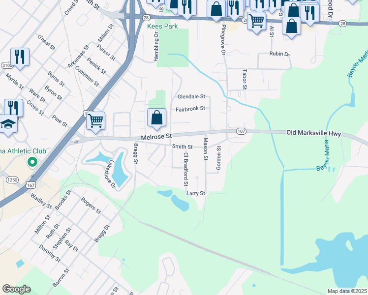 map of restaurants, bars, coffee shops, grocery stores, and more near 313 Smith Street in Pineville