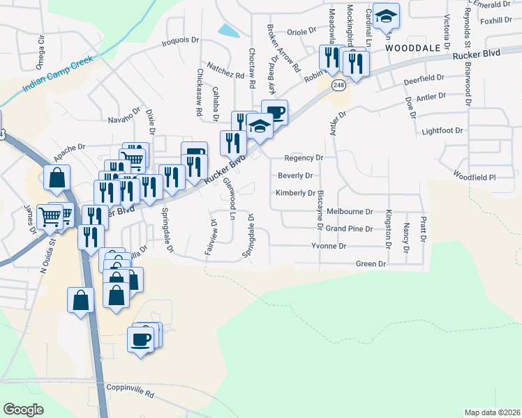 map of restaurants, bars, coffee shops, grocery stores, and more near 105 Myrick Drive in Enterprise
