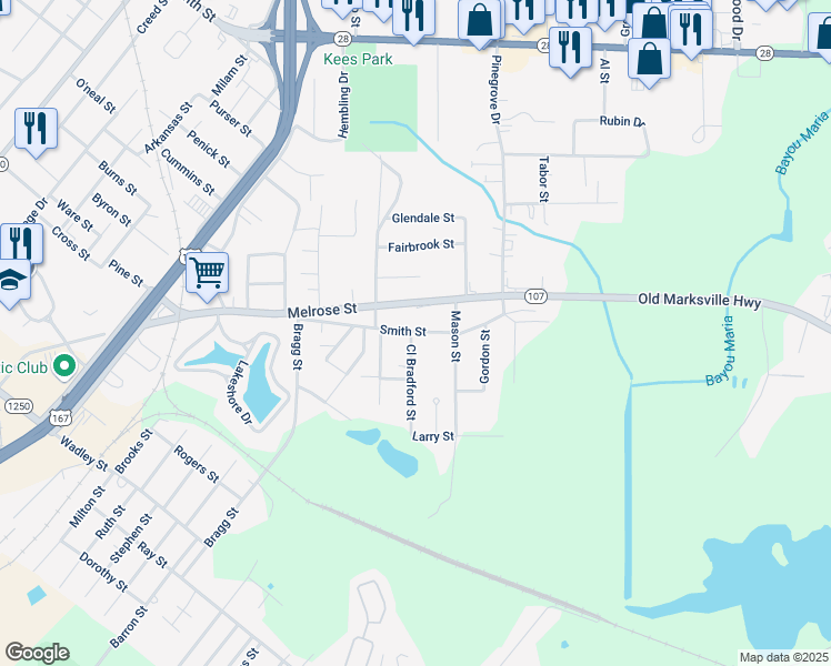 map of restaurants, bars, coffee shops, grocery stores, and more near 108 Cl Bradford Street in Pineville