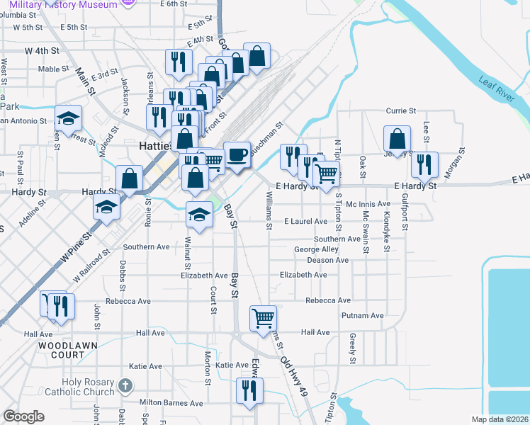 map of restaurants, bars, coffee shops, grocery stores, and more near 203 Williams Street in Hattiesburg