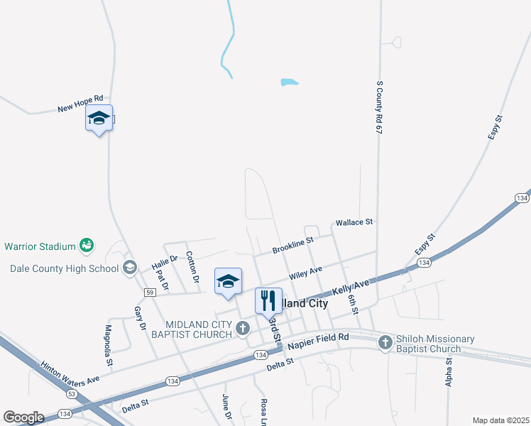 map of restaurants, bars, coffee shops, grocery stores, and more near 447 Dale Circle in Midland City
