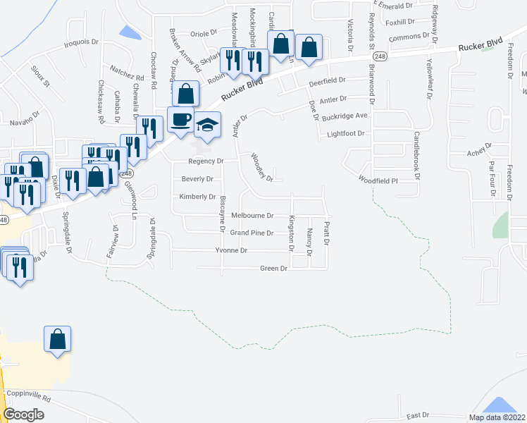 map of restaurants, bars, coffee shops, grocery stores, and more near 607 Melbourne Drive in Enterprise
