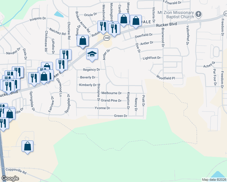 map of restaurants, bars, coffee shops, grocery stores, and more near 601 Grand Pine Avenue in Enterprise