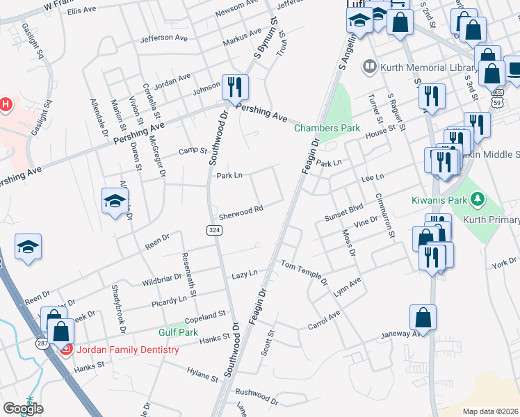 map of restaurants, bars, coffee shops, grocery stores, and more near 1001 Sherwood Road in Lufkin