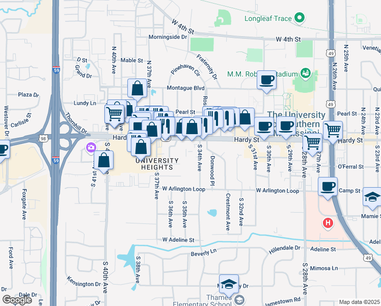 map of restaurants, bars, coffee shops, grocery stores, and more near 3422 Hardy Street in Hattiesburg