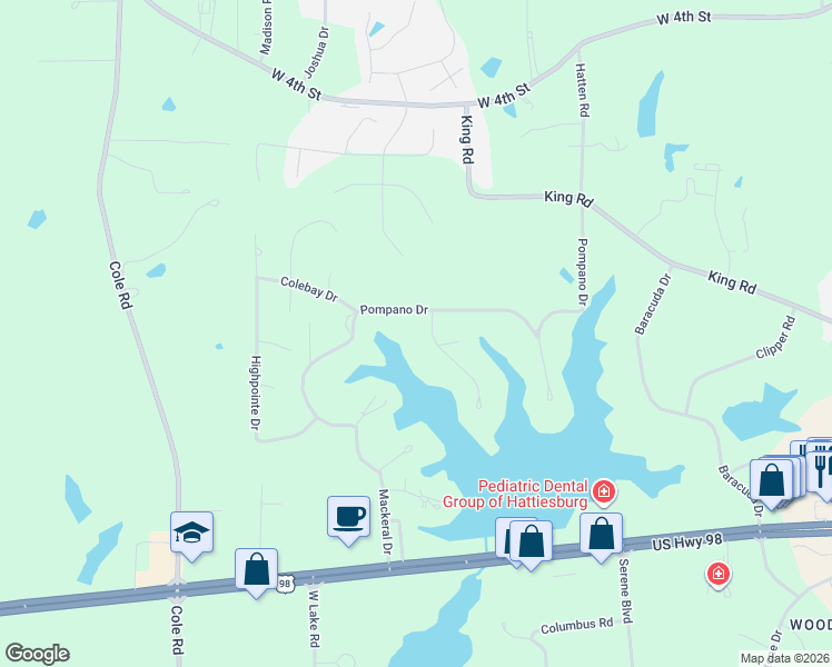 map of restaurants, bars, coffee shops, grocery stores, and more near 109 Pompano Drive in Hattiesburg