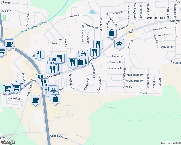 map of restaurants, bars, coffee shops, grocery stores, and more near 209 Glenwood Lane in Enterprise