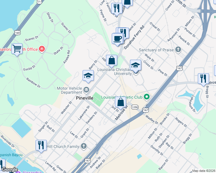 map of restaurants, bars, coffee shops, grocery stores, and more near 920 Main Street in Pineville