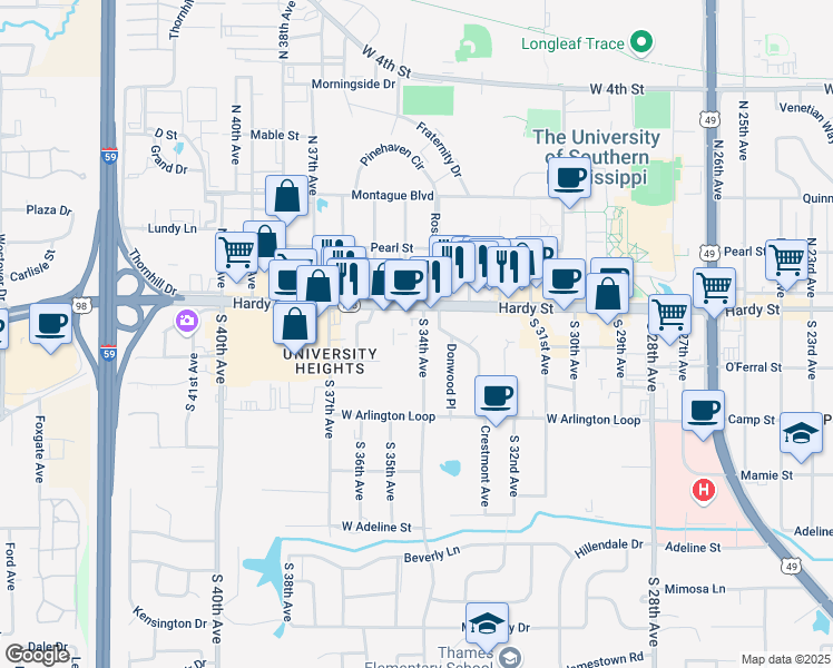 map of restaurants, bars, coffee shops, grocery stores, and more near 105 South 34th Avenue in Hattiesburg