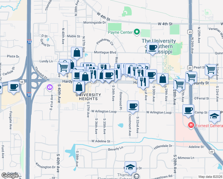 map of restaurants, bars, coffee shops, grocery stores, and more near 105 South 34th Avenue in Hattiesburg