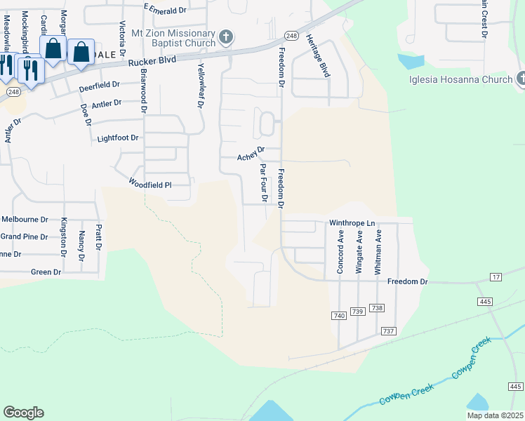 map of restaurants, bars, coffee shops, grocery stores, and more near 106 Baldwin in Enterprise