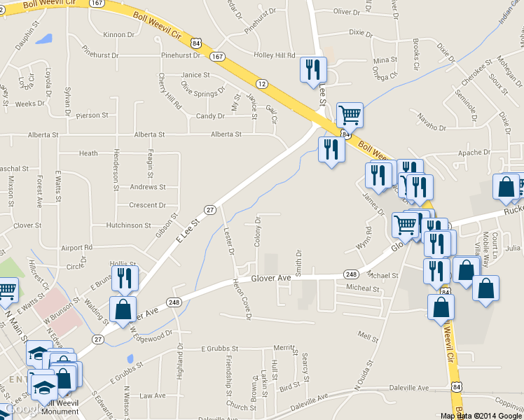 map of restaurants, bars, coffee shops, grocery stores, and more near 301 Colony Dr in Enterprise