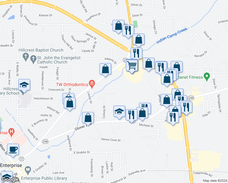 map of restaurants, bars, coffee shops, grocery stores, and more near 309 Colony Drive in Enterprise