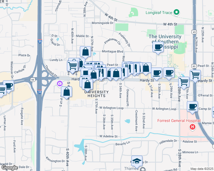 map of restaurants, bars, coffee shops, grocery stores, and more near 3500 Hardy Street in Hattiesburg