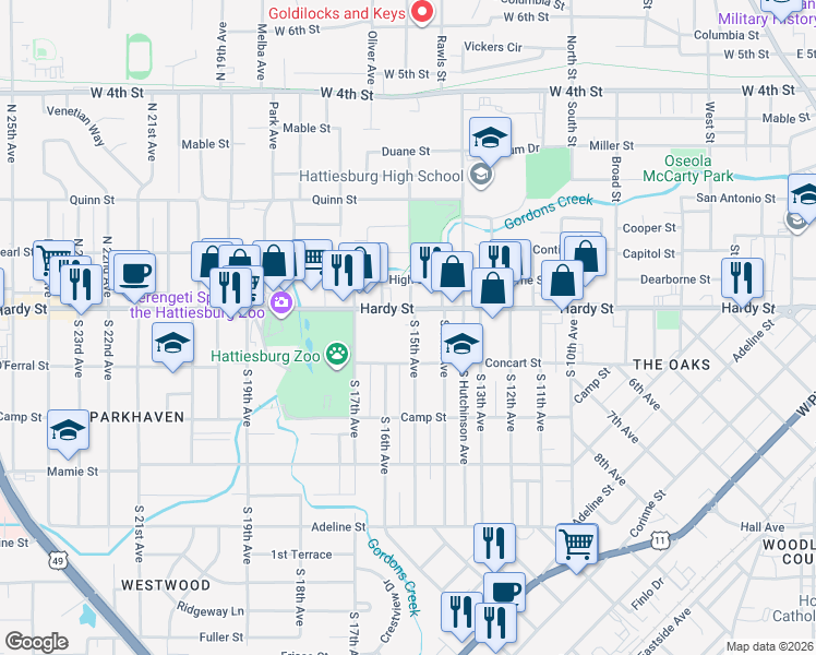 map of restaurants, bars, coffee shops, grocery stores, and more near 1316 Hardy Street in Hattiesburg