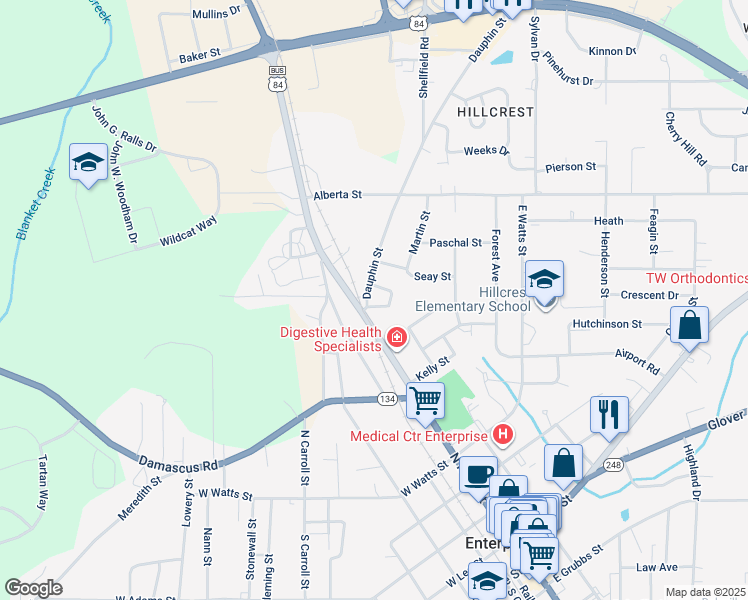 map of restaurants, bars, coffee shops, grocery stores, and more near 116 Wesley Drive in Enterprise