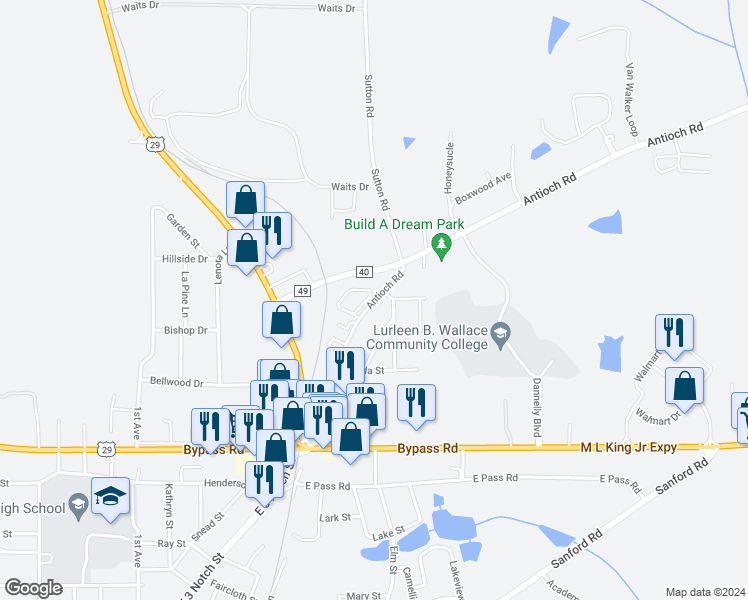 map of restaurants, bars, coffee shops, grocery stores, and more near 1701 Antioch Road in Andalusia