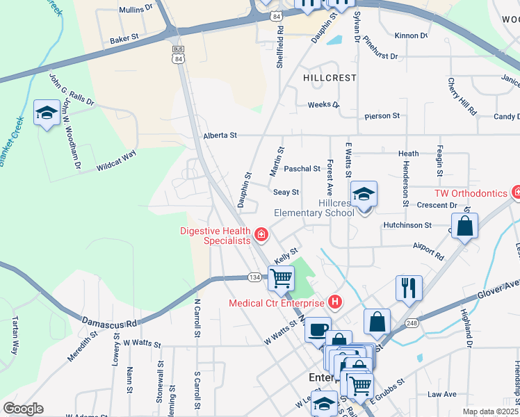 map of restaurants, bars, coffee shops, grocery stores, and more near 116 Wesley Drive in Enterprise