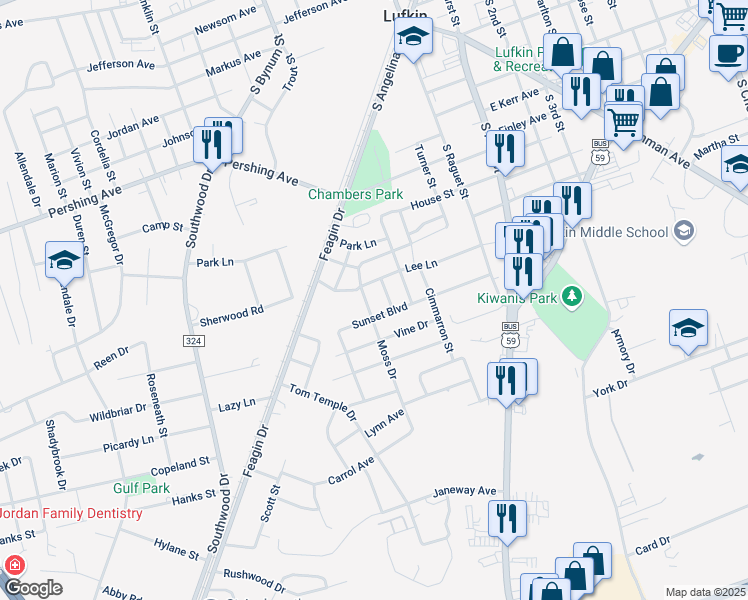 map of restaurants, bars, coffee shops, grocery stores, and more near 203 Moss Drive in Lufkin