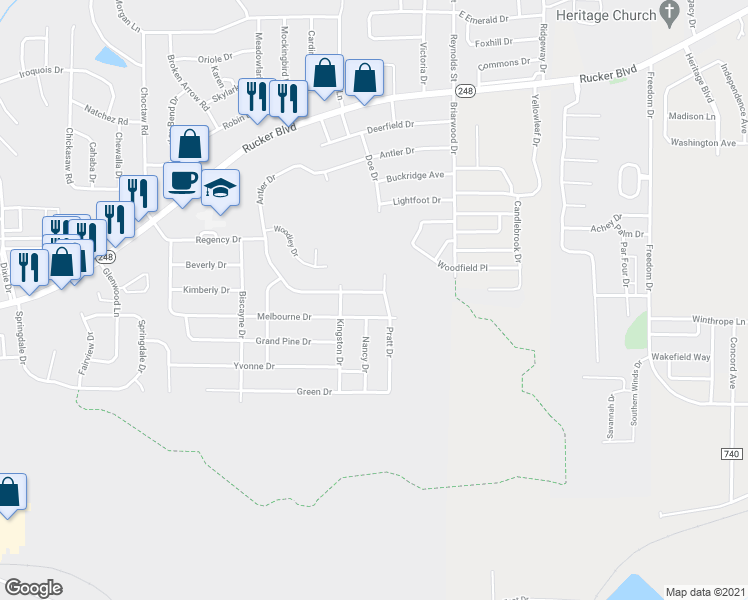 map of restaurants, bars, coffee shops, grocery stores, and more near 608 Antler Drive in Enterprise