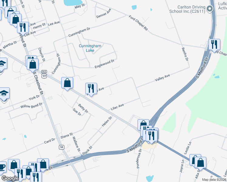 map of restaurants, bars, coffee shops, grocery stores, and more near 107 Springwood Circle in Lufkin