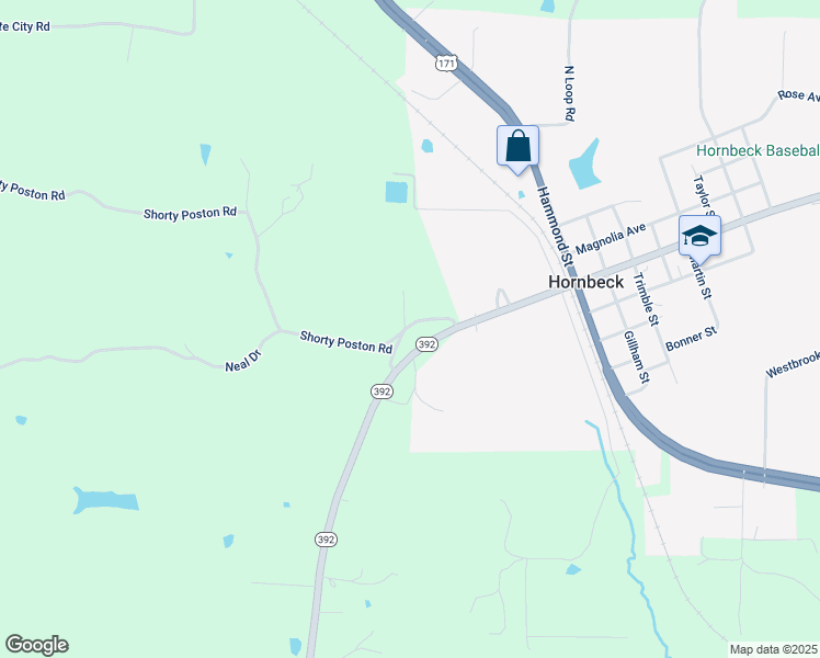 map of restaurants, bars, coffee shops, grocery stores, and more near 151 Shorty Poston Road in Hornbeck