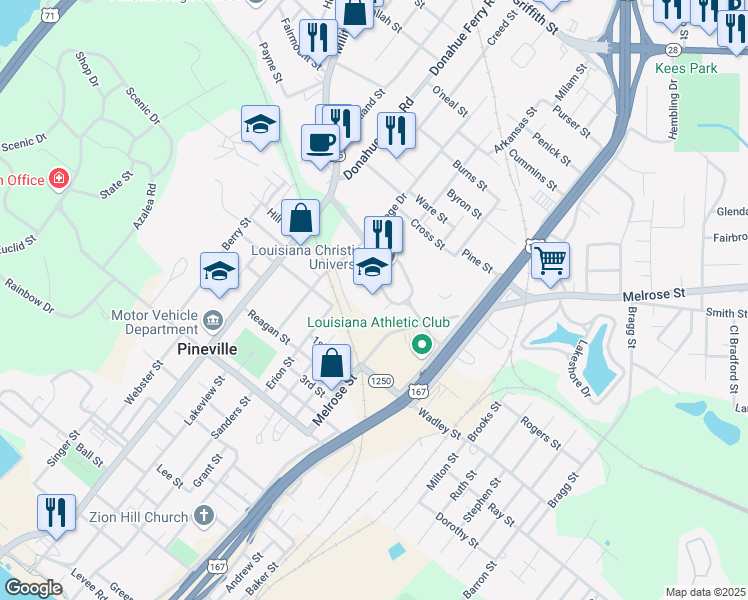map of restaurants, bars, coffee shops, grocery stores, and more near 1140 College Drive in Pineville