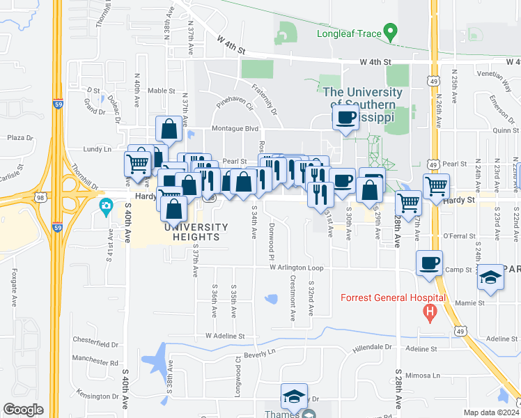 map of restaurants, bars, coffee shops, grocery stores, and more near 102 South 34th Avenue in Hattiesburg