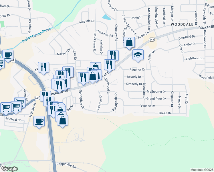 map of restaurants, bars, coffee shops, grocery stores, and more near 203 Glenwood Lane in Enterprise