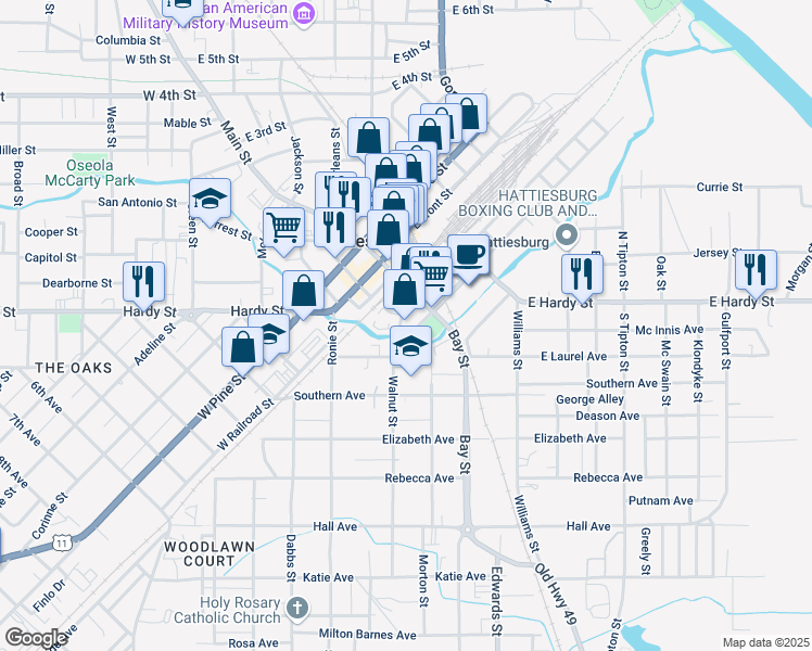 map of restaurants, bars, coffee shops, grocery stores, and more near 124 Walnut Street in Hattiesburg