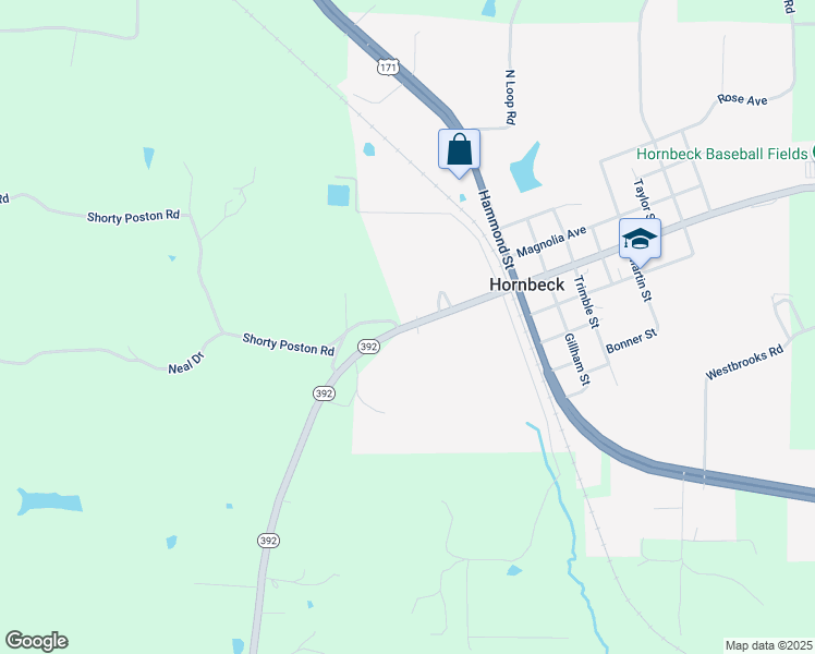 map of restaurants, bars, coffee shops, grocery stores, and more near 151 Shorty Poston Road in Hornbeck