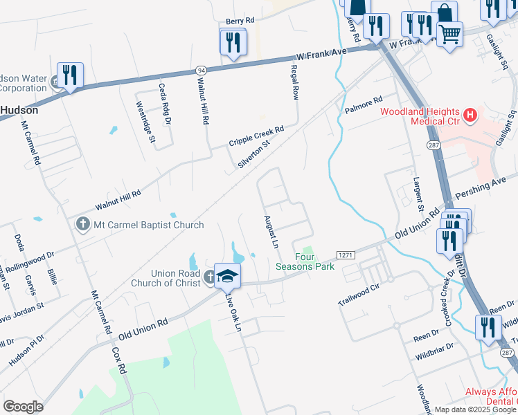 map of restaurants, bars, coffee shops, grocery stores, and more near 401 August Lane in Lufkin