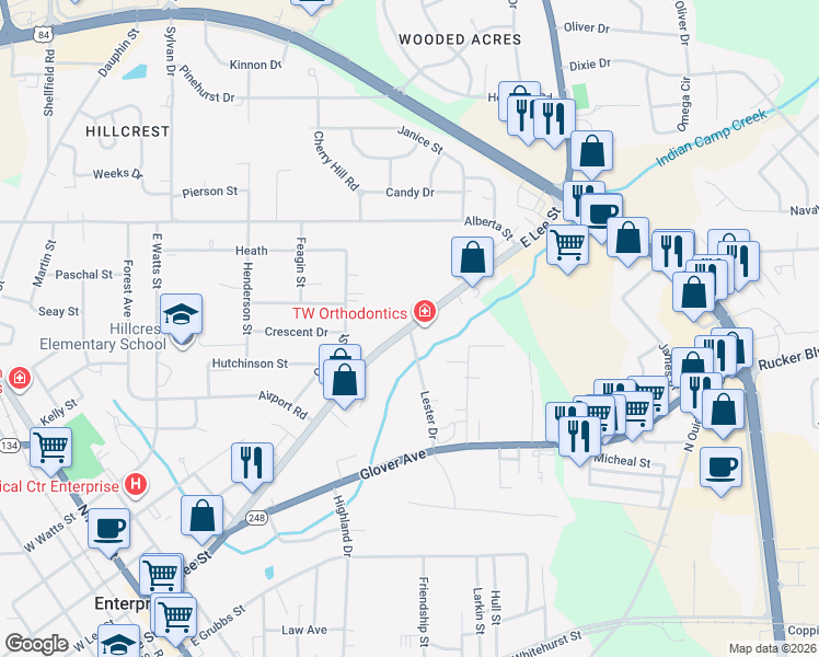 map of restaurants, bars, coffee shops, grocery stores, and more near 801 East Lee Street in Enterprise