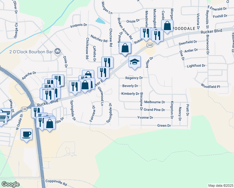 map of restaurants, bars, coffee shops, grocery stores, and more near 300 Melbourne Drive in Enterprise