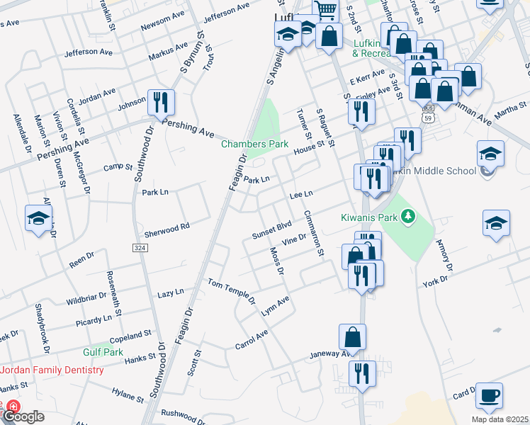 map of restaurants, bars, coffee shops, grocery stores, and more near 203 Moss Drive in Lufkin