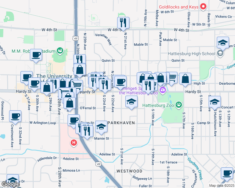 map of restaurants, bars, coffee shops, grocery stores, and more near 2106 Hardy Street in Hattiesburg