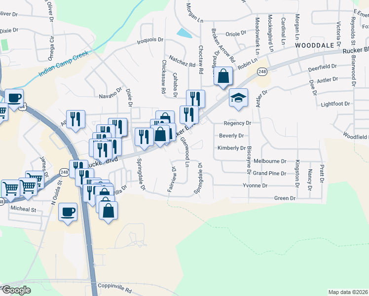 map of restaurants, bars, coffee shops, grocery stores, and more near 205 Glenwood Lane in Enterprise