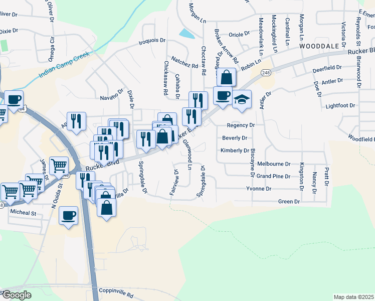 map of restaurants, bars, coffee shops, grocery stores, and more near 209 Glenwood Lane in Enterprise