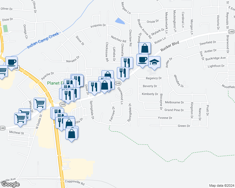 map of restaurants, bars, coffee shops, grocery stores, and more near 209 Glenwood Lane in Enterprise