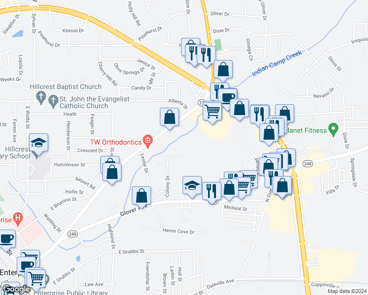 map of restaurants, bars, coffee shops, grocery stores, and more near 309 Colony Drive in Enterprise
