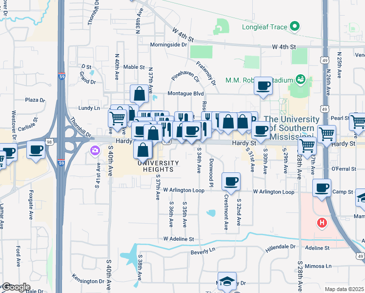 map of restaurants, bars, coffee shops, grocery stores, and more near 3422 Hardy Street in Hattiesburg